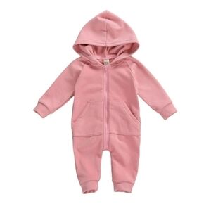 Baby Girl Long Sleeve Romper 0-3m (60) Solid Pink Hooded Zippered Jumpsuit NWOT